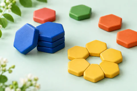 A playful illustration of blue hex tiles stacked beside a yellow tile bloom.